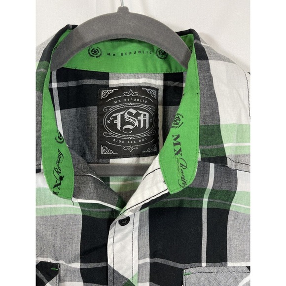 MX Republic Mens Button Up Short Sleeve Shirt White Green Black Plaid Size Large - Picture 2 of 8